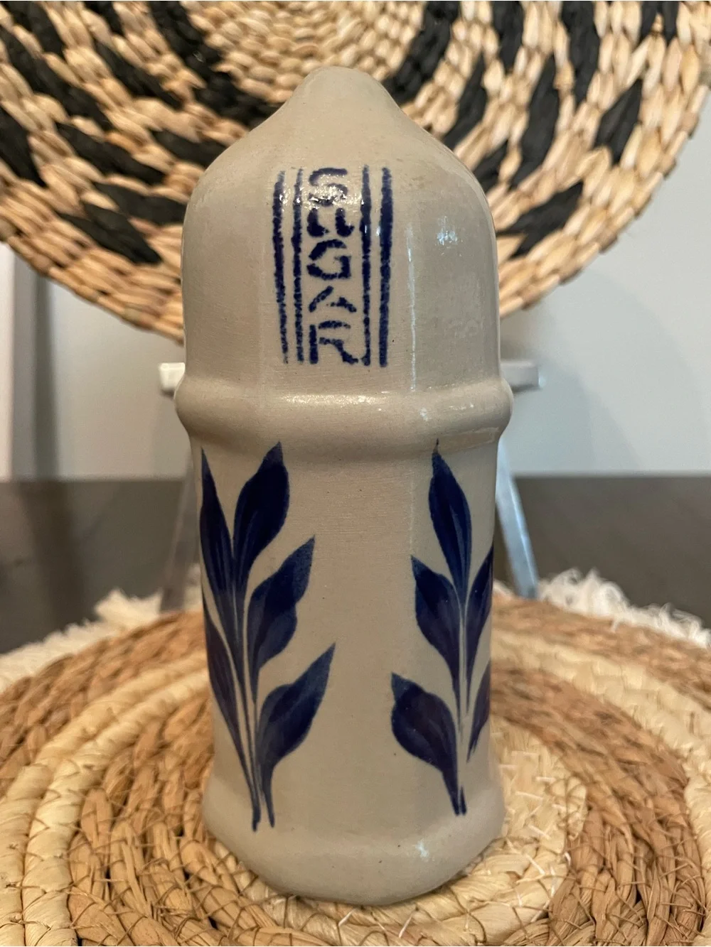 Vintage Blue and Cream Stoneware Salt Shaker